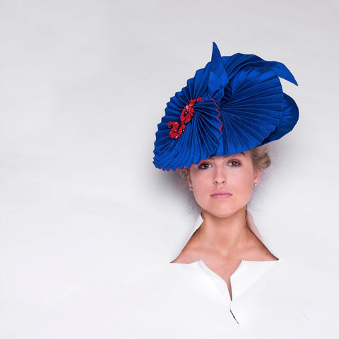 Lina Stein Bespoke Collection royal blue millinery origami ladies hat. Photographer Sadhbh Kenny