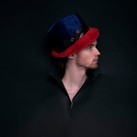 Lina Stein Limited Edition two-tone mans hat with high crown and leather hatband.Photographer Sadhbh Kenny