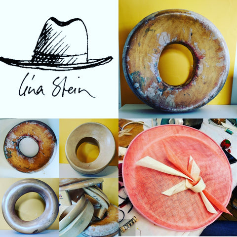 A collage of images showcasing various hats and hat blocks, with the name 'Lina Stein' and different stages of hat making displayed.