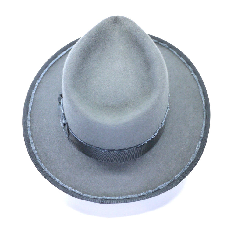Lina Stein Connemara fedora hat grey with frayed grosgrain ribbon and flip and tuck brim. rear view