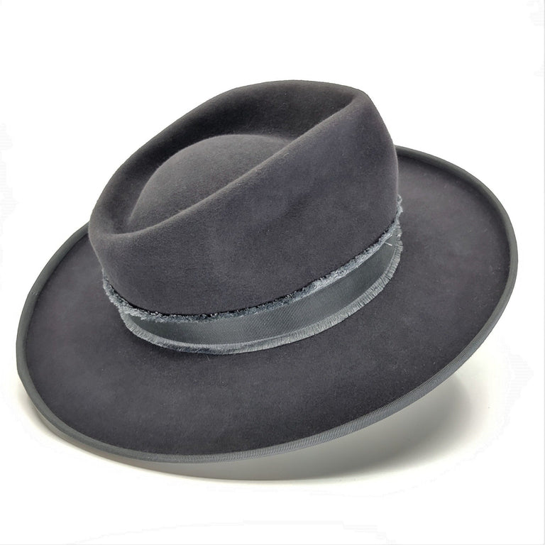Lina Stein Fedora felt hat flat brim tall crown. Side view from right