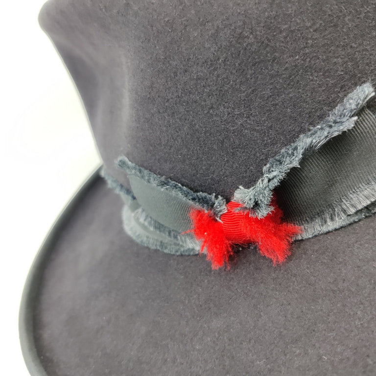 Lina Stein Fedora felt hat flat brim tall crown. Trimming detail of bow on left side